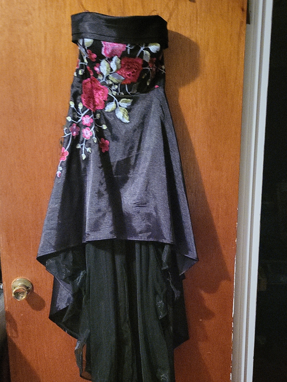 Strapless Black High-Low Dress with Pink Floral Embroidery